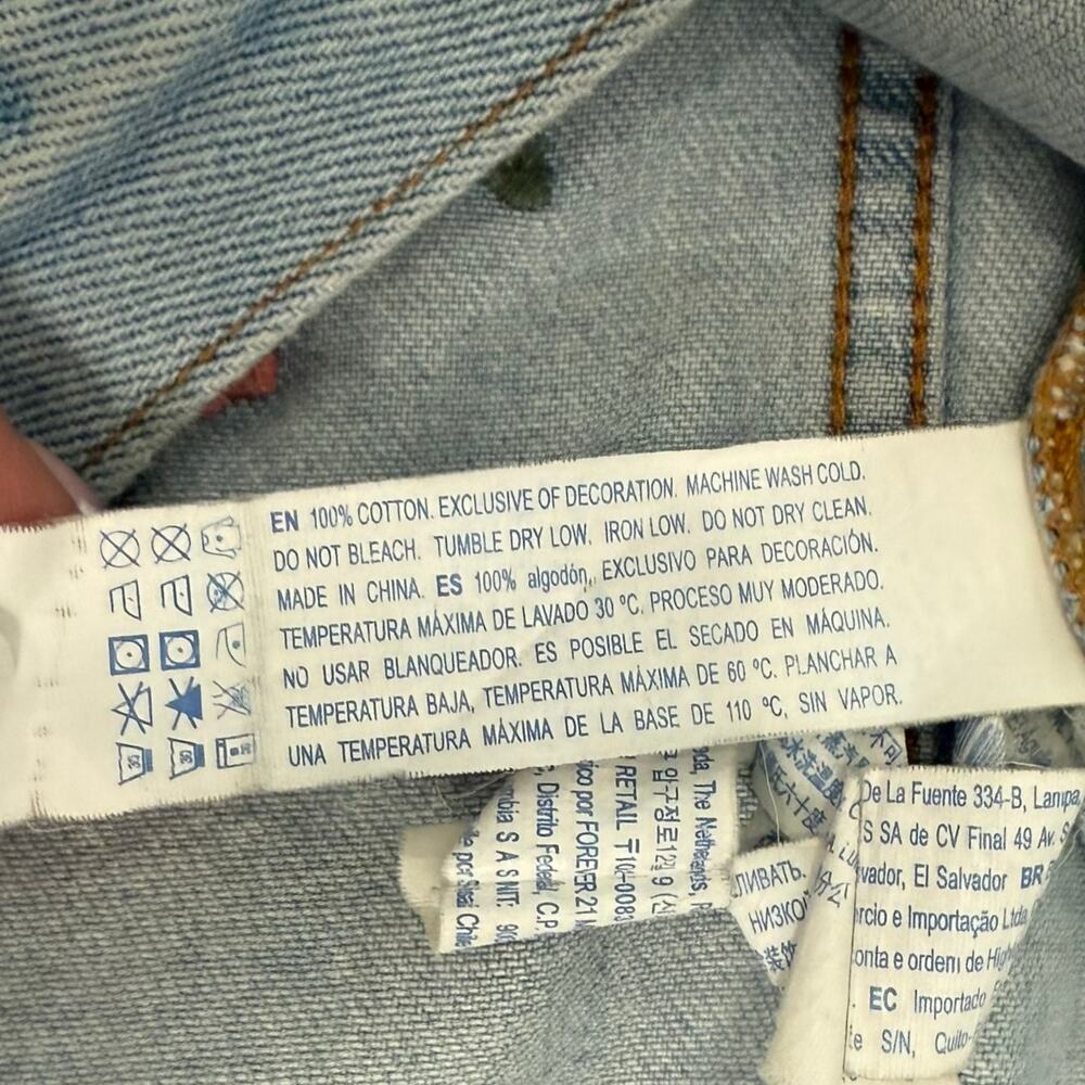 Forever 21 Blue Denim Pink Orange Floral Embroidered Distressed Jean Jacket sz M - Picture 7 of 11